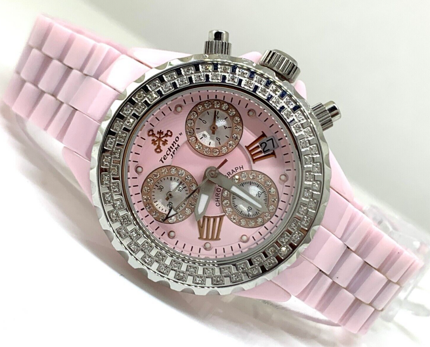 Techno JPM Ladies Pink Ceramic CSX Chronograph Diamond Quartz Watch